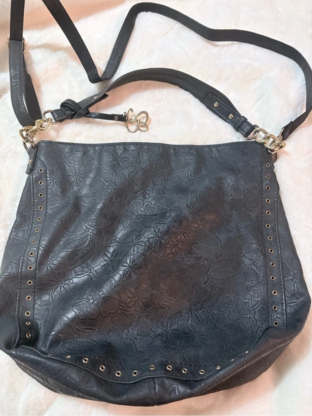 Jessica Simpson Black Floral-Embossed Shoulder Bag with Gold Accents